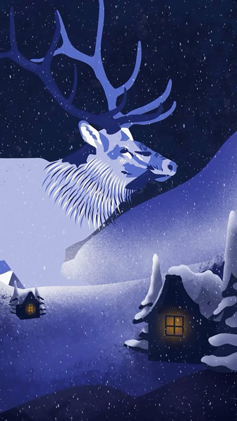 Illustration of a large elk and cabins in the snow at night